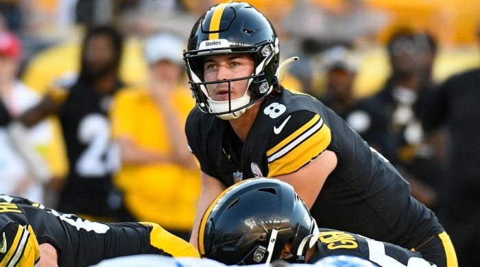 Pittsburgh Steelers quarterback Kenny Pickett (8) call signals at the line of scrimmage as he plays against the Detroit Lions during the second half of an NFL preseason football game, Sunday, Aug. 28, 2022, in Pittsburgh.